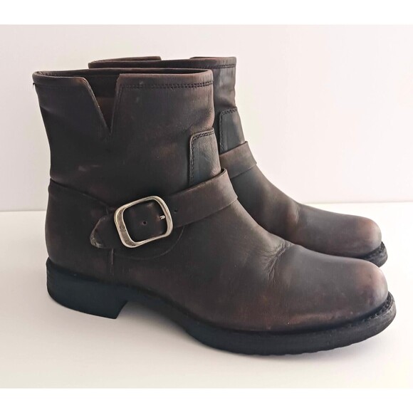 FRYE Veronica Ankle Bootie Dk Brown Distressed Leather Moto Buckle Strap 8.5 - Picture 7 of 14